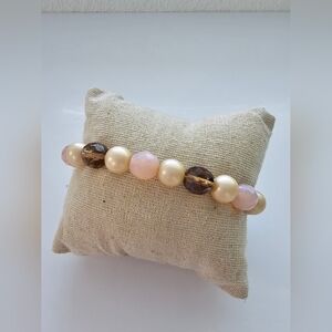 Large Wrist Faux Pearl and Gemstone Strung Bead Bracelet